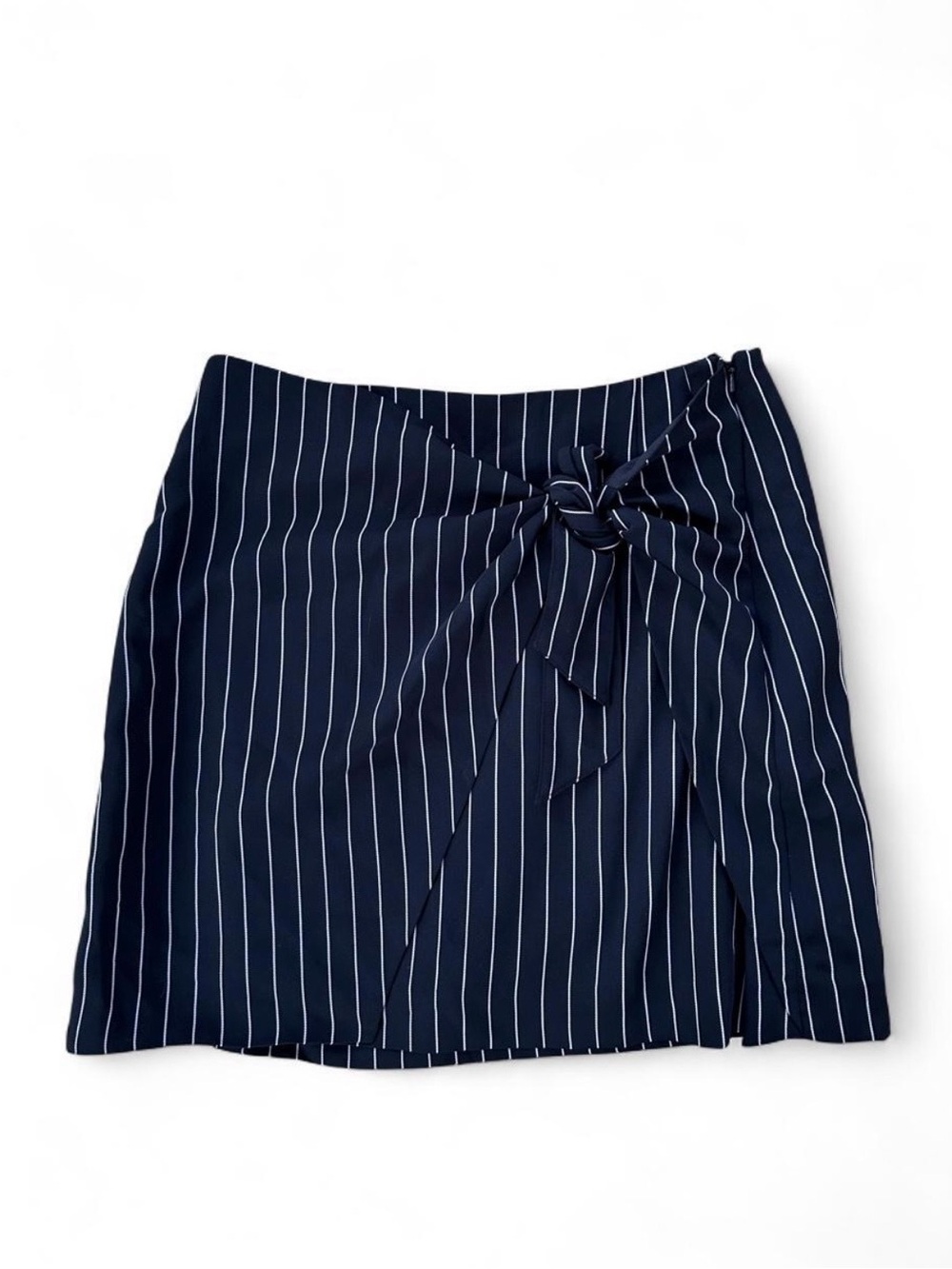Leith Black Pinstripe Front Tie Mini Skirt Faux Wrap Striped Sz M